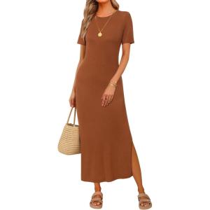 Arach&Cloz Women’s Wool Blend Lightweight Fall Casual T Shirts Maxi Dress 2025(Caramel)