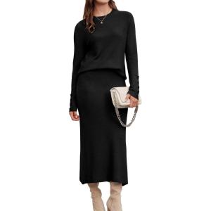 Arach&Cloz Women’s Wool Blend Sweater 2 Piece Sets Fall Business Lounge Long Sleeve Top Midi Dress Outfits 2025(Black)