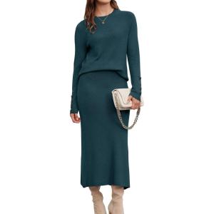 Arach&Cloz Women’s Wool Blend Sweater 2 Piece Sets Fall Business Lounge Long Sleeve Top Midi Dress Outfits 2025(Bluish Green)