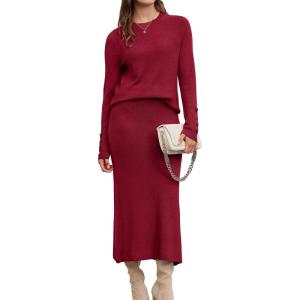 Arach&Cloz Women’s Wool Blend Sweater 2 Piece Sets Fall Business Lounge Long Sleeve Top Midi Dress Outfits 2025(Burgundy)