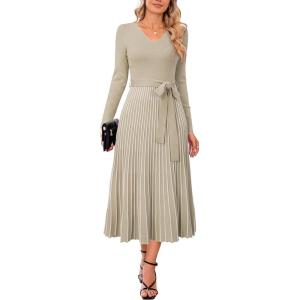 Arach&Cloz Women’s Wool Blend Tie Waist Pleated Fall Sweater Dress 2025(Khaki-white Stripe)