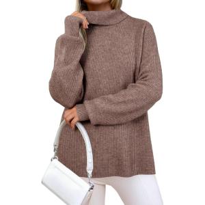Arach&Cloz Women’s Wool Blend Turtleneck Fall Winter Casual Ribbed Oversized Sweater Tops 2025(Khaki)