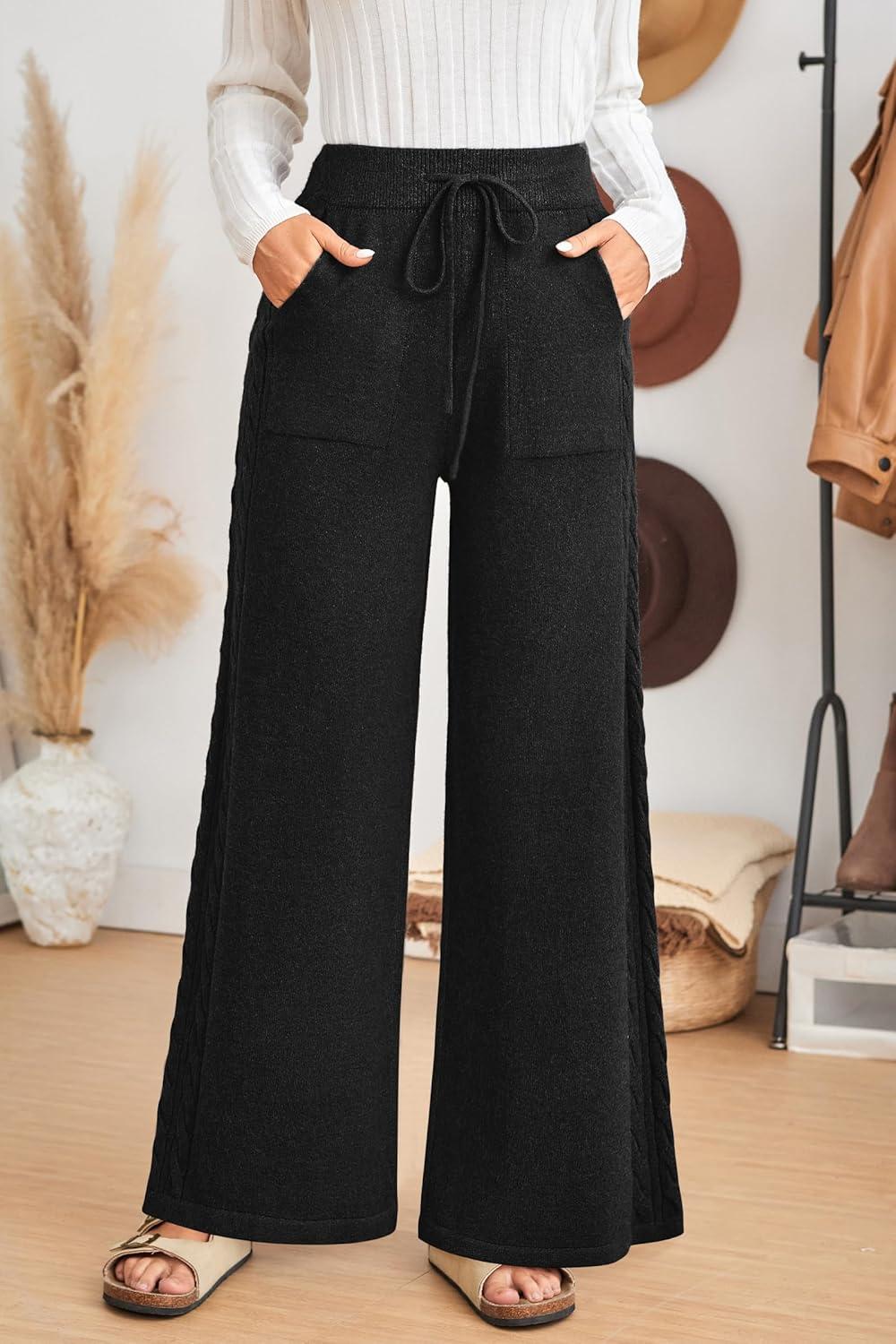 imageArachampampCloz Womens 2025 Spring Sweater Pants Wide Leg Elastic High Waist Cute Casual Flowy Lounge Winter Knit Trousers PocketsBlack