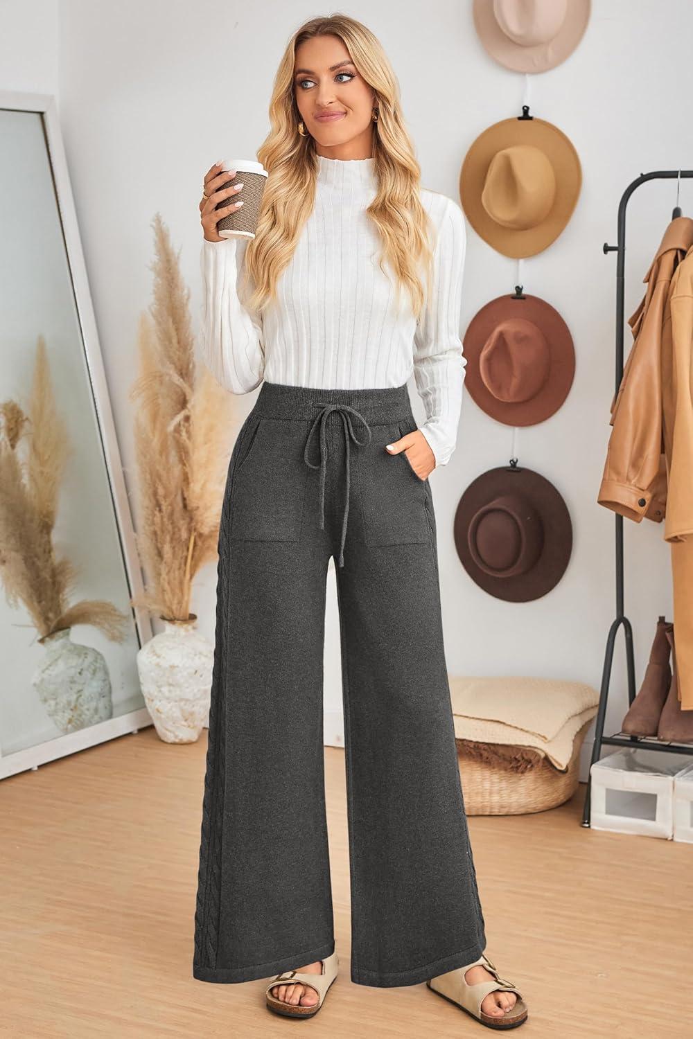 imageArachampampCloz Womens 2025 Spring Sweater Pants Wide Leg Elastic High Waist Cute Casual Flowy Lounge Winter Knit Trousers PocketsDark Grey