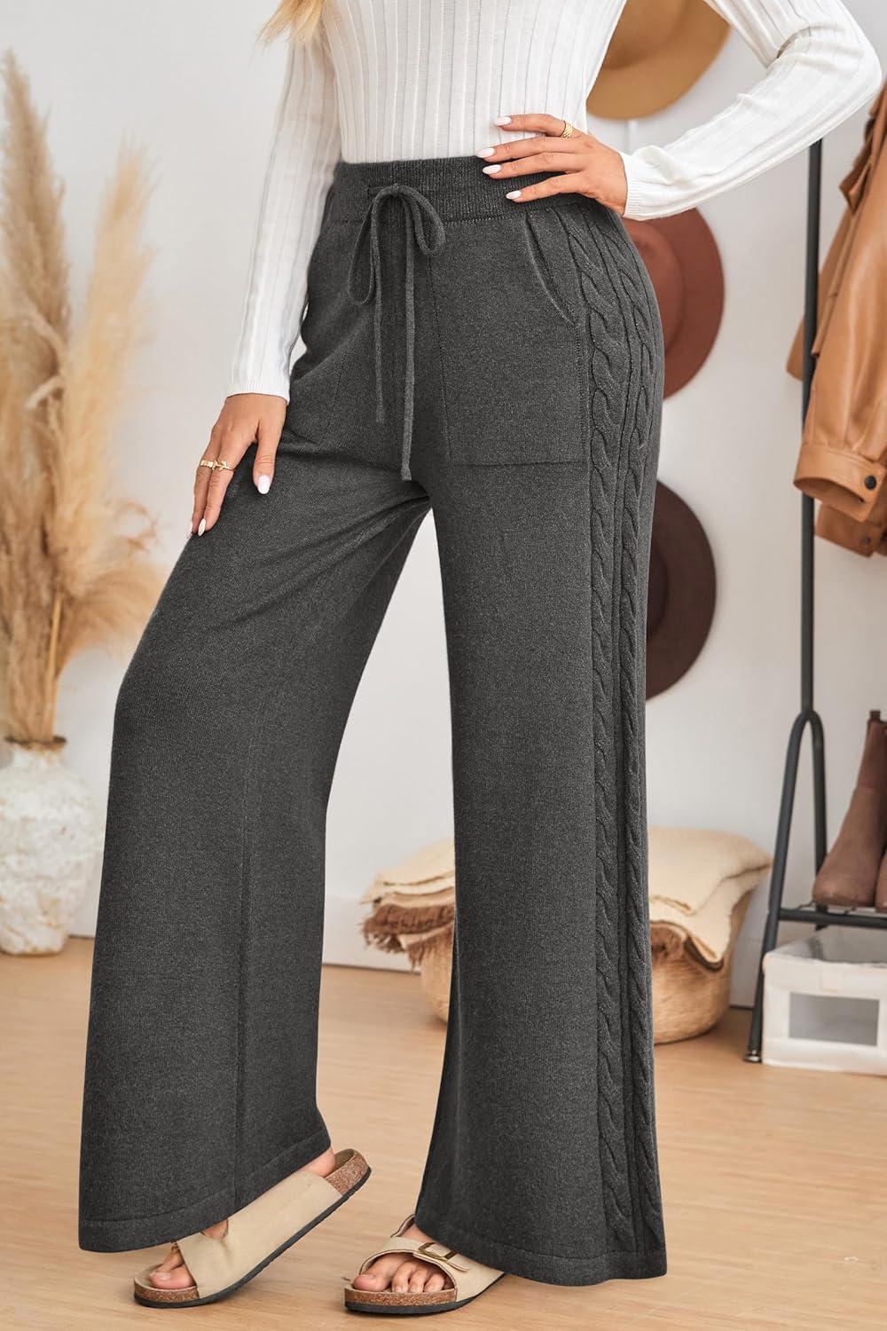 imageArachampampCloz Womens 2025 Spring Sweater Pants Wide Leg Elastic High Waist Cute Casual Flowy Lounge Winter Knit Trousers PocketsDark Grey