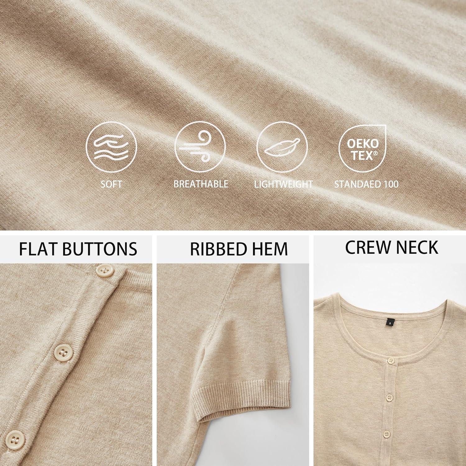 imageArachampampCloz Womens 2025 Summer Lightweight Cropped Cardigan Short Sleeve Crew Neck Bolero Shrug Casual TopApricot