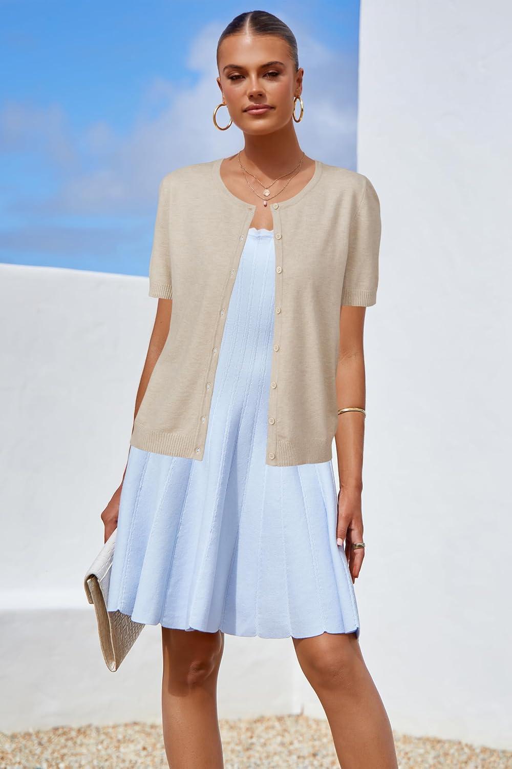 imageArachampampCloz Womens 2025 Summer Lightweight Cropped Cardigan Short Sleeve Crew Neck Bolero Shrug Casual TopApricot