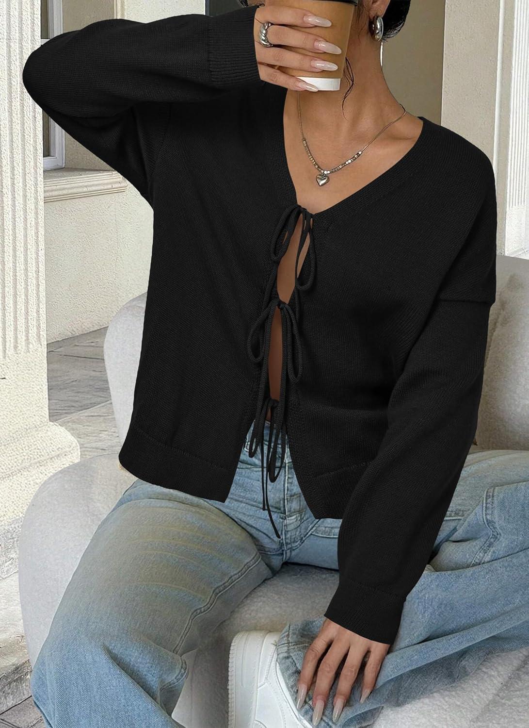 imageArachampampCloz Womens Cozy Cotton Tie Front Fall Trendy Bow Cardigan Sweaters 2025Black