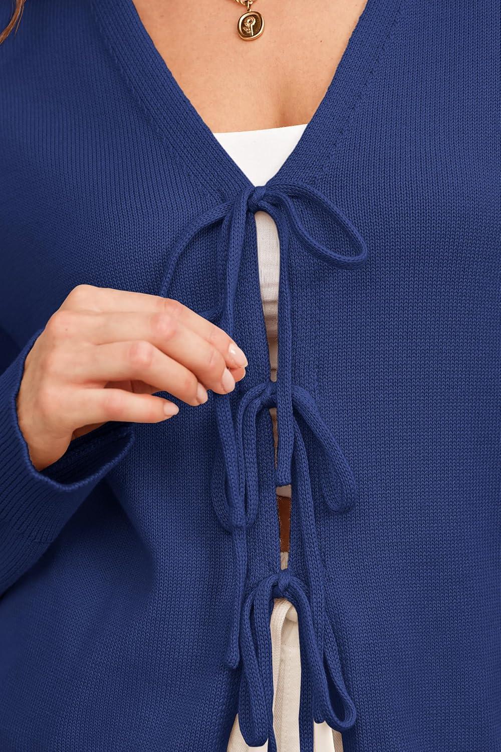 imageArachampampCloz Womens Cozy Cotton Tie Front Fall Trendy Bow Cardigan Sweaters 2025Dark Blue
