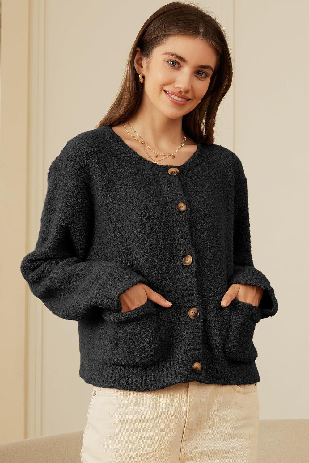 imageArachampampCloz Womens Open Front Cardigan Sweaters Fall Fashion Button Down Knit Chunky Outwear Coats with PocketsBlack