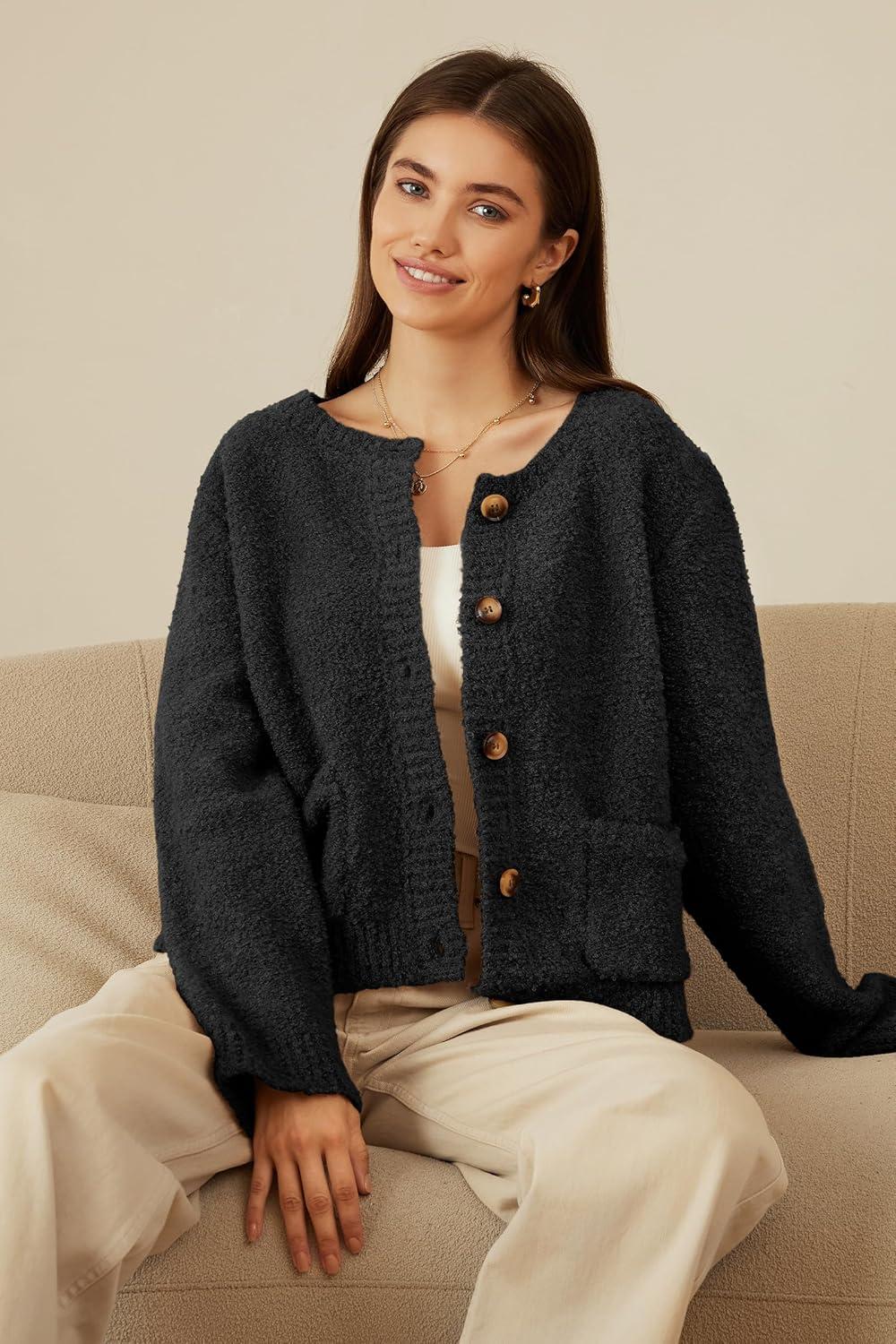 imageArachampampCloz Womens Open Front Cardigan Sweaters Fall Fashion Button Down Knit Chunky Outwear Coats with PocketsBlack