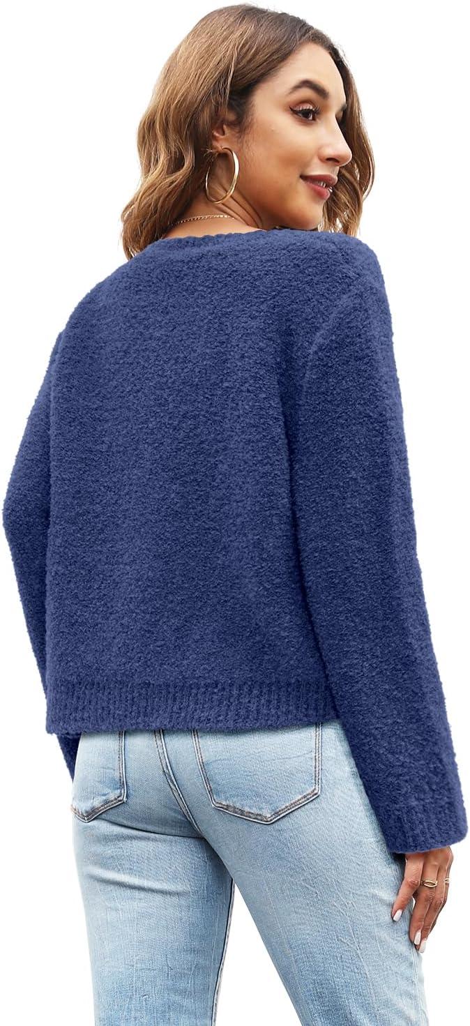 imageArachampampCloz Womens Open Front Cardigan Sweaters Fall Fashion Button Down Knit Chunky Outwear Coats with PocketsDark Blue