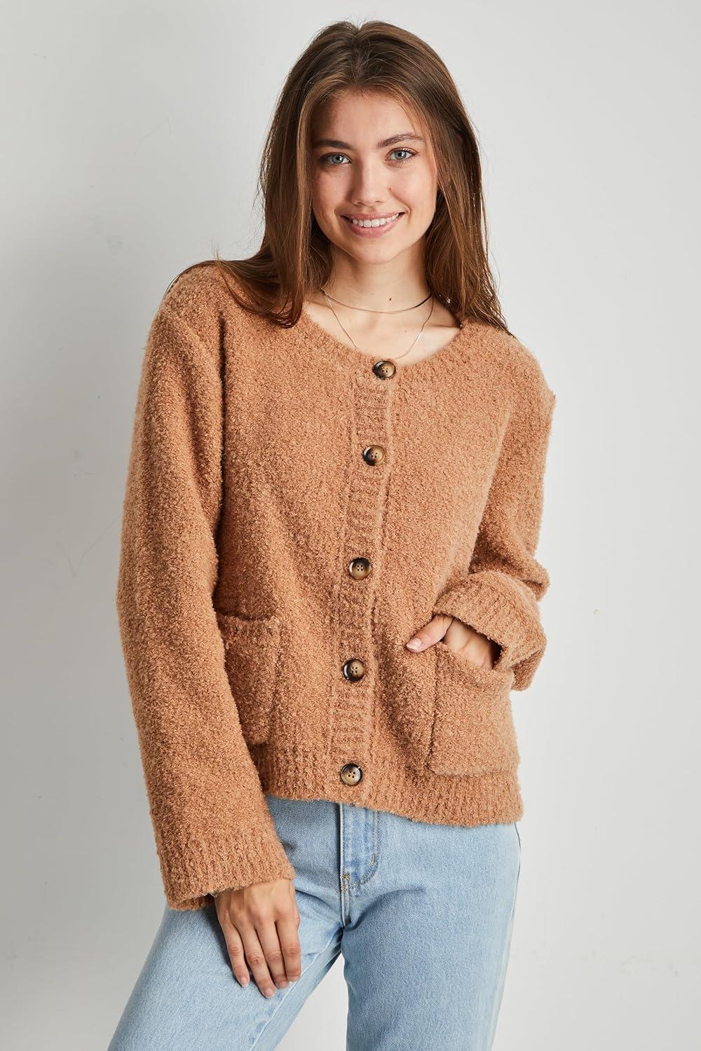 imageArachampampCloz Womens Open Front Cardigan Sweaters Fall Fashion Button Down Knit Chunky Outwear Coats with PocketsKhaki
