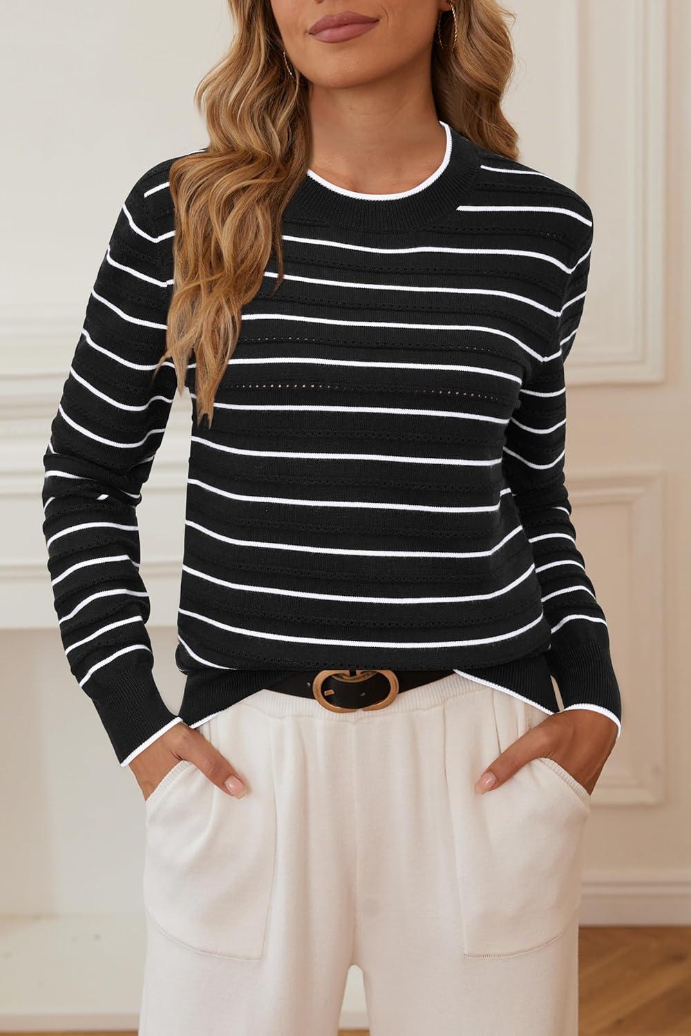 imageArachampampCloz Womens Soft Knit Sweater Fall Dressy Casual Pullover TopsStriped Black White