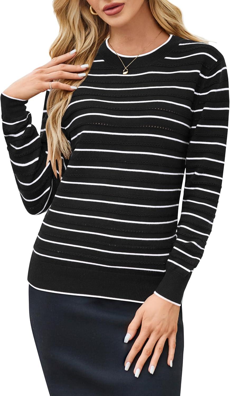 imageArachampampCloz Womens Soft Knit Sweater Fall Dressy Casual Pullover TopsStriped Black White