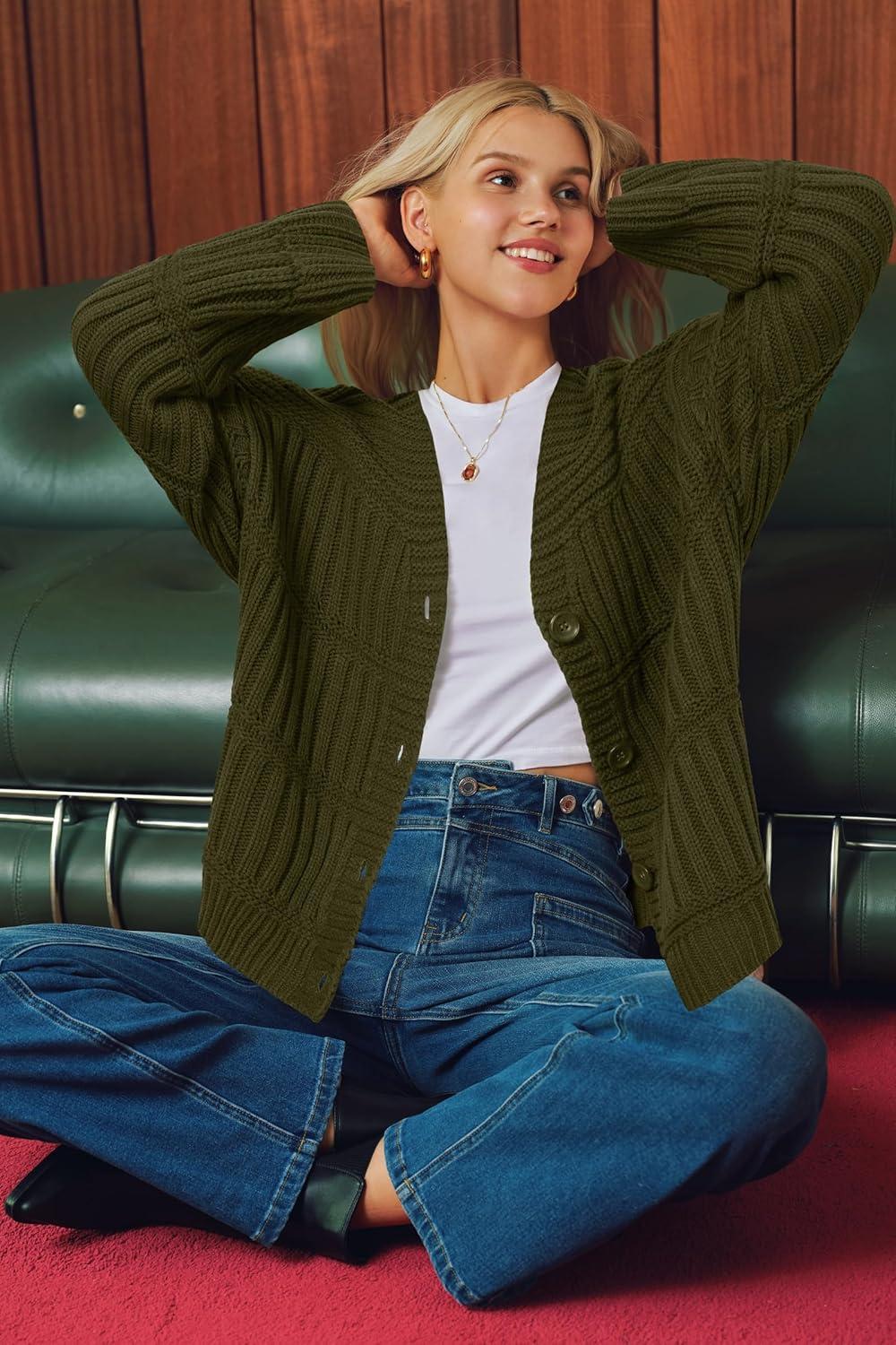 imageArachampampCloz Womens Wool Blend Chunky Knit Winter Cardigan Sweaters 2025Army Green