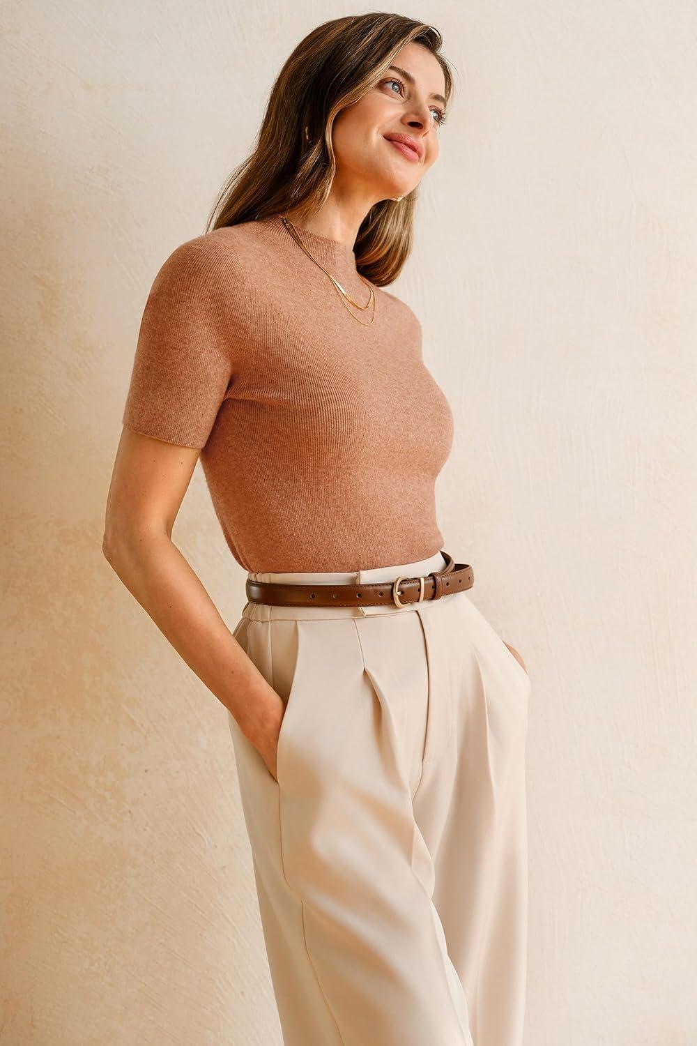 imageArachampampCloz Womens Wool Blend Fall Seamless Rip Resistant Tops Opaque Business Casual ShirtsCamel