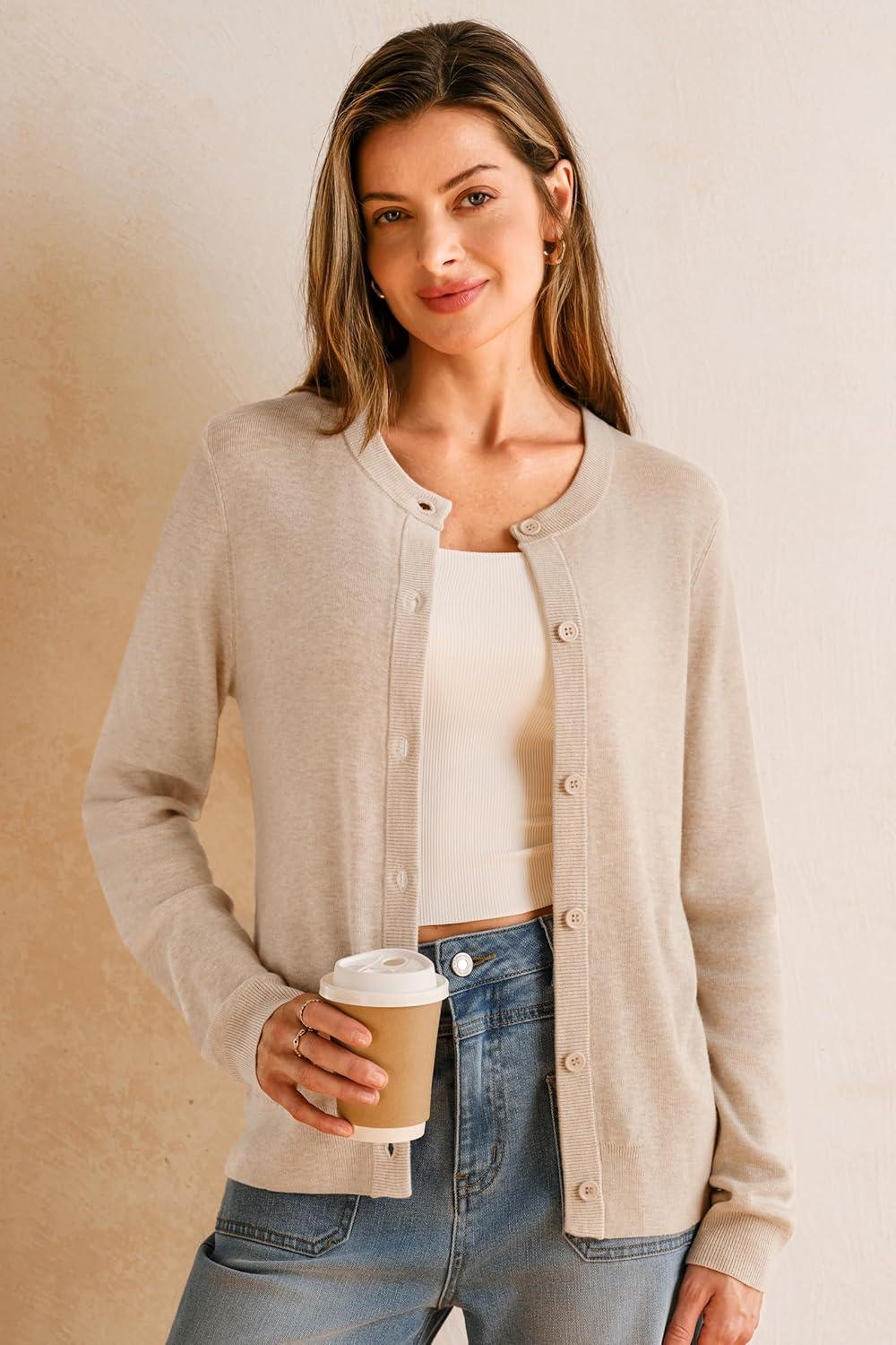 imageArachampampCloz Womens Wool Blend Lightweight Spring Business Casual Cardigan Sweaters TopsApricot