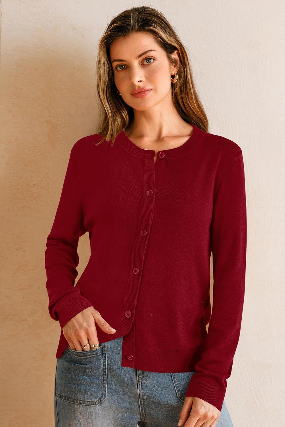imageArachampampCloz Womens Wool Blend Lightweight Spring Business Casual Cardigan Sweaters TopsRed
