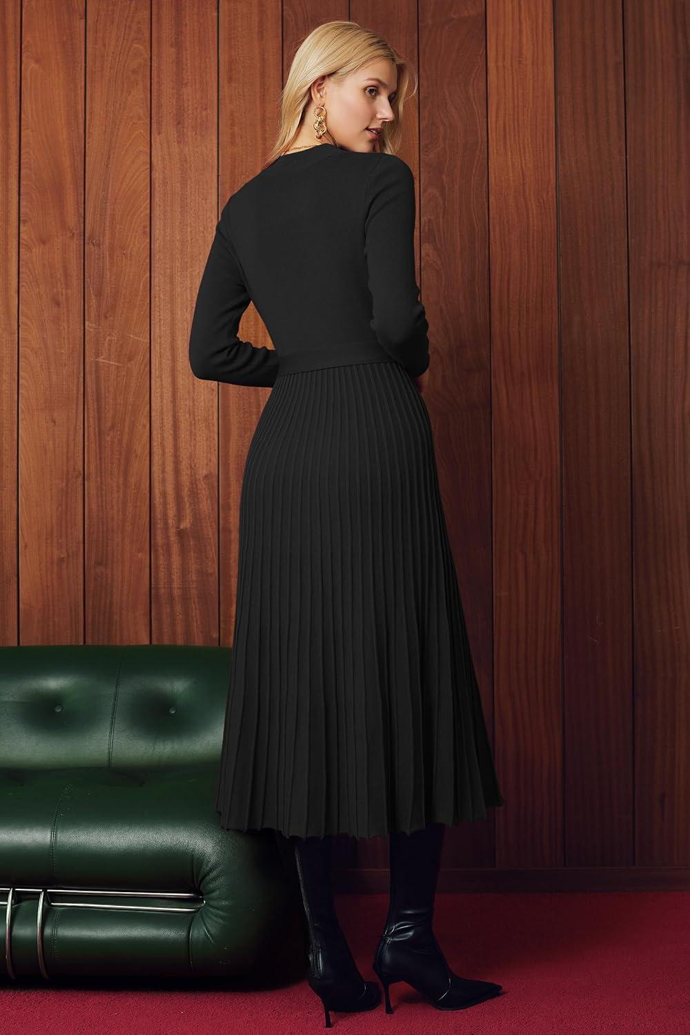 imageArachampampCloz Womens Wool Blend Mock Neck Tie Waist Fall Winter Pleated Sweater Dress 2025Black
