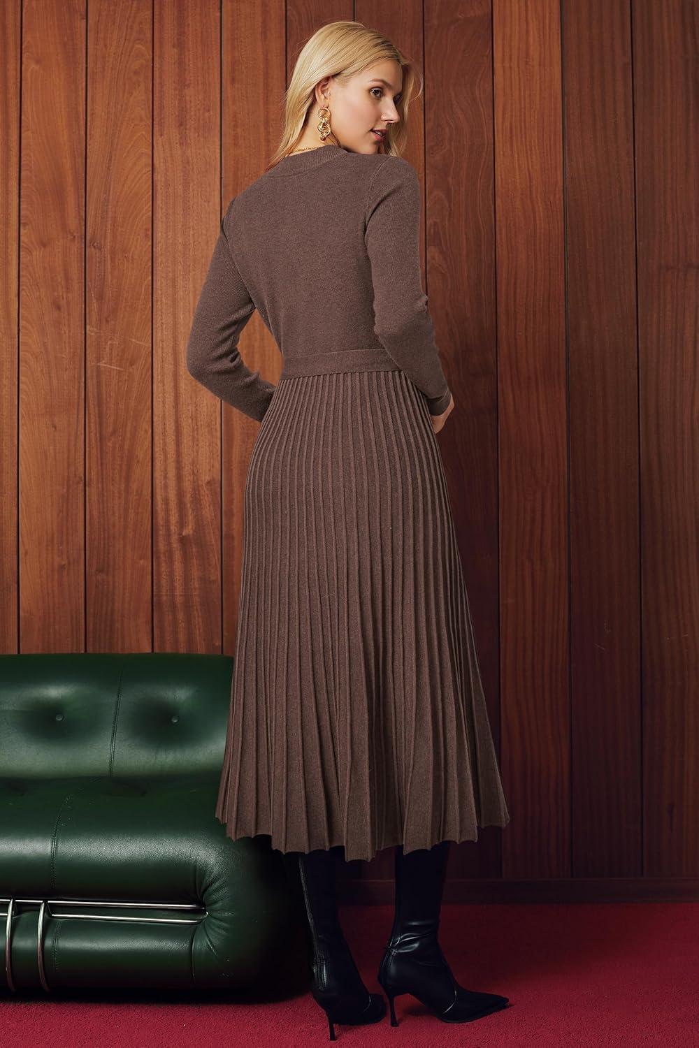 imageArachampampCloz Womens Wool Blend Mock Neck Tie Waist Fall Winter Pleated Sweater Dress 2025Coffee
