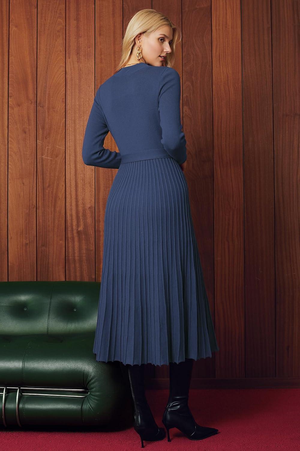 imageArachampampCloz Womens Wool Blend Mock Neck Tie Waist Fall Winter Pleated Sweater Dress 2025Navy
