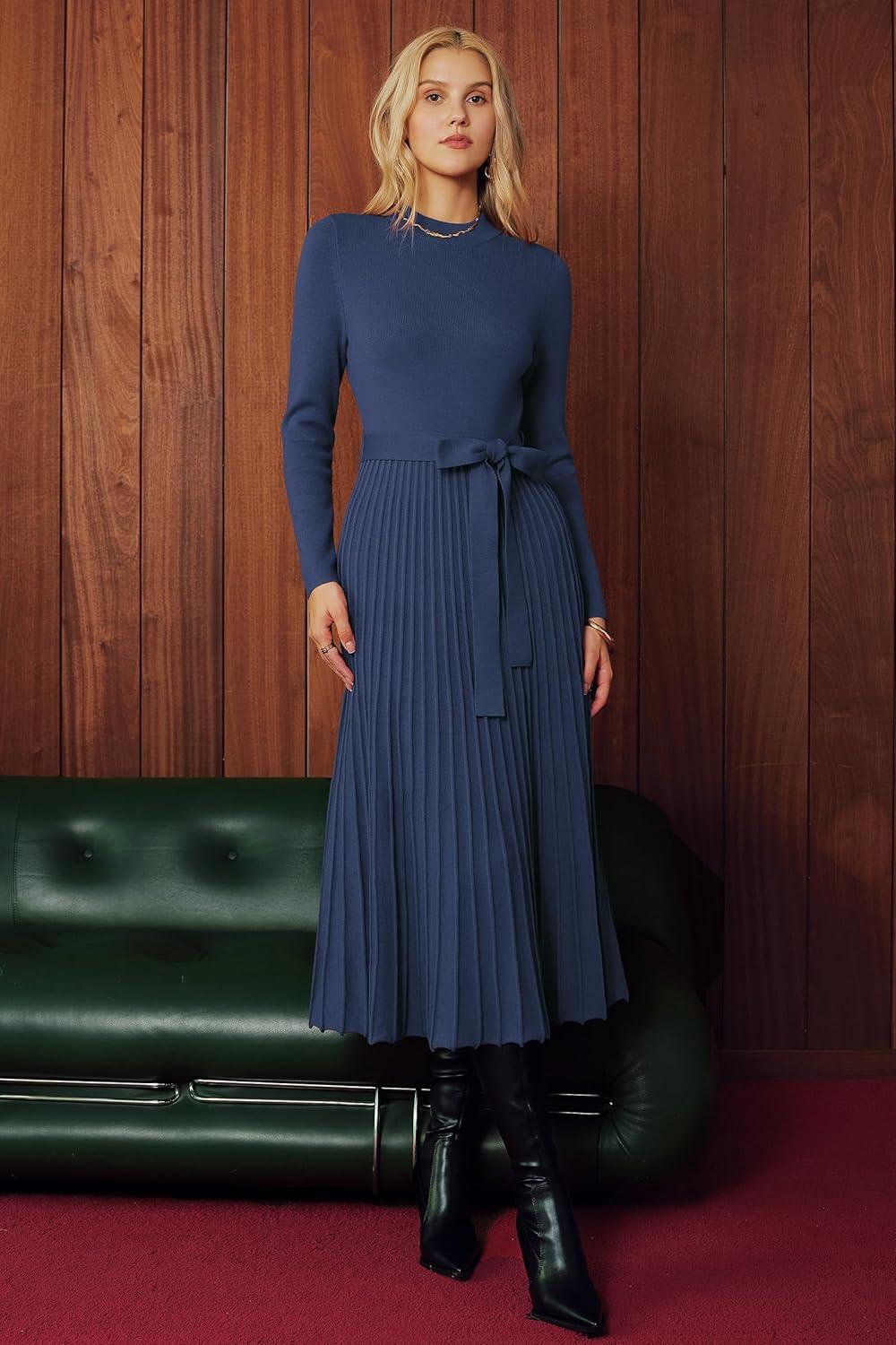 imageArachampampCloz Womens Wool Blend Mock Neck Tie Waist Fall Winter Pleated Sweater Dress 2025Navy