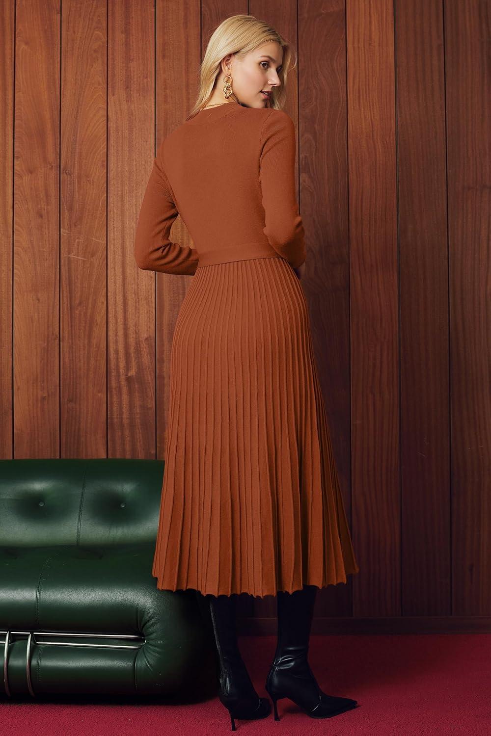 imageArachampampCloz Womens Wool Blend Mock Neck Tie Waist Fall Winter Pleated Sweater Dress 2025Rust