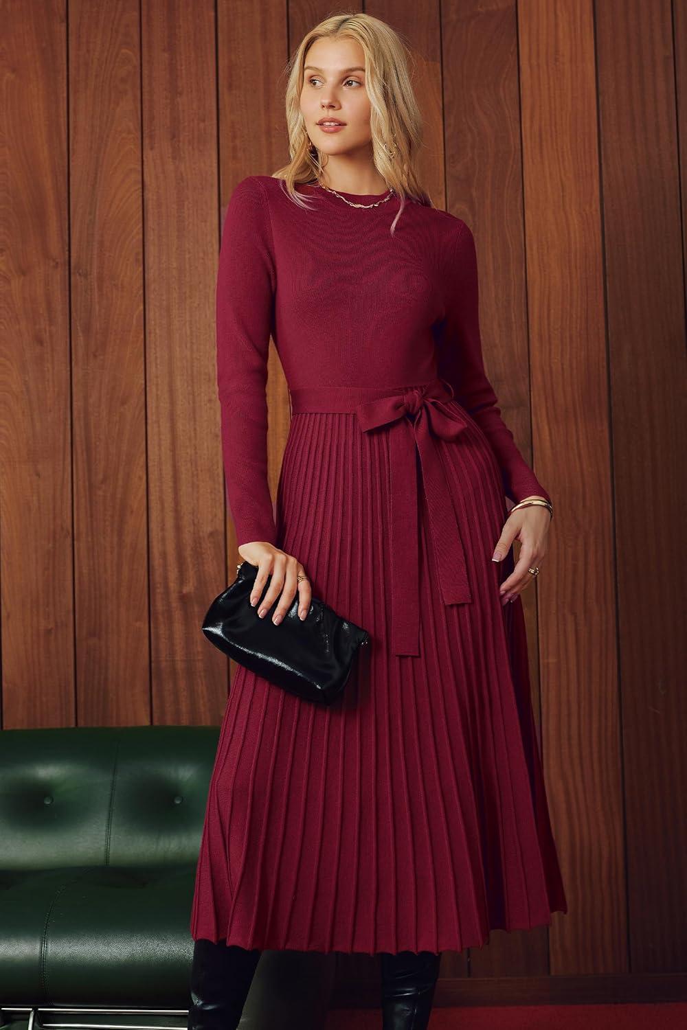 imageArachampampCloz Womens Wool Blend Mock Neck Tie Waist Fall Winter Pleated Sweater Dress 2025Wine Red