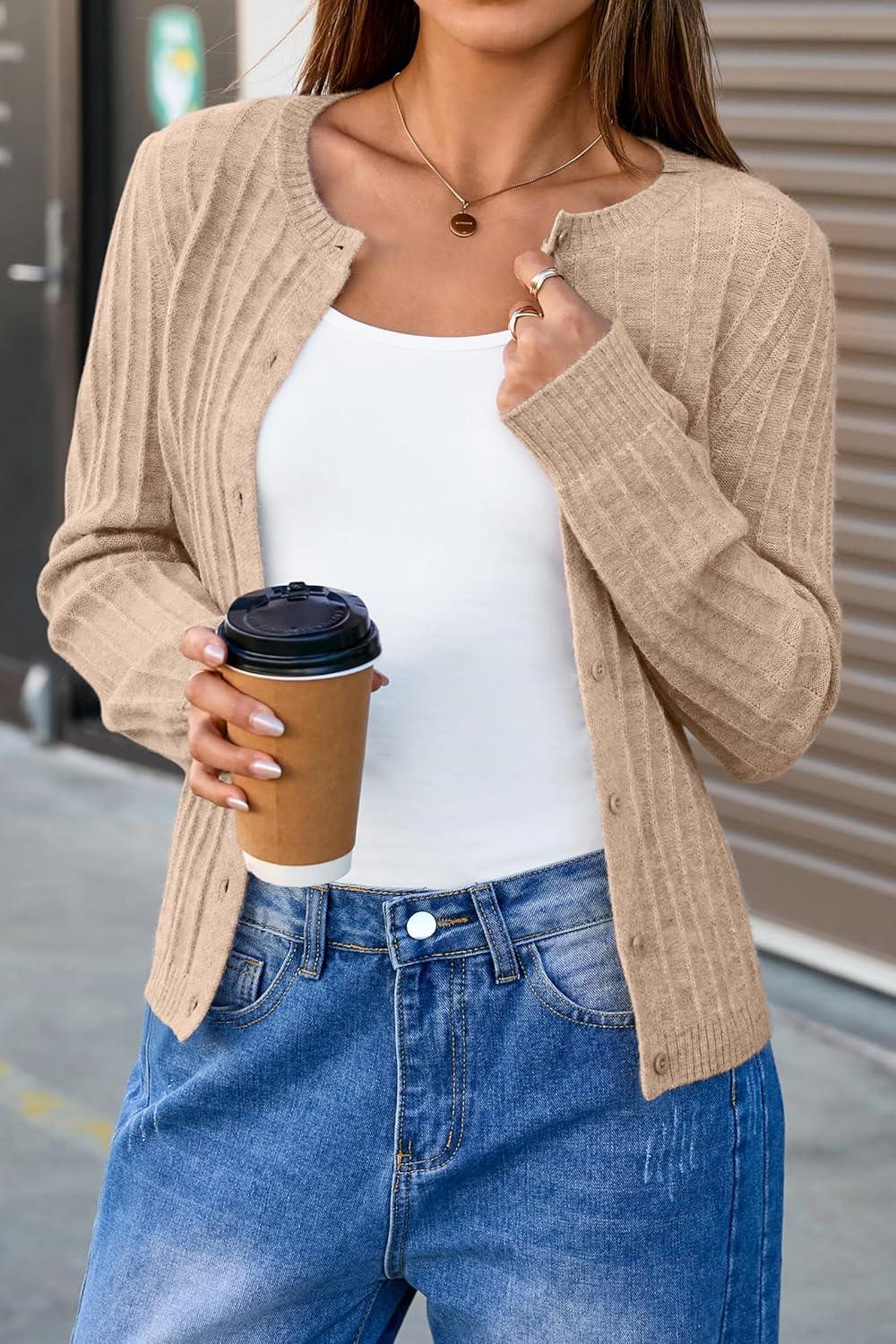 imageArachampampCloz Womens Wool Blend Puff Sleeve Fall Cable Knit Cardigan Sweaters 2025Camel