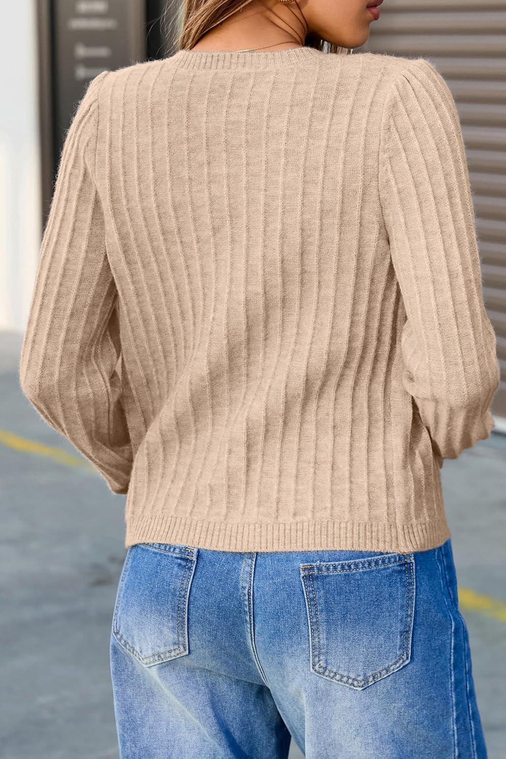 imageArachampampCloz Womens Wool Blend Puff Sleeve Fall Cable Knit Cardigan Sweaters 2025Camel