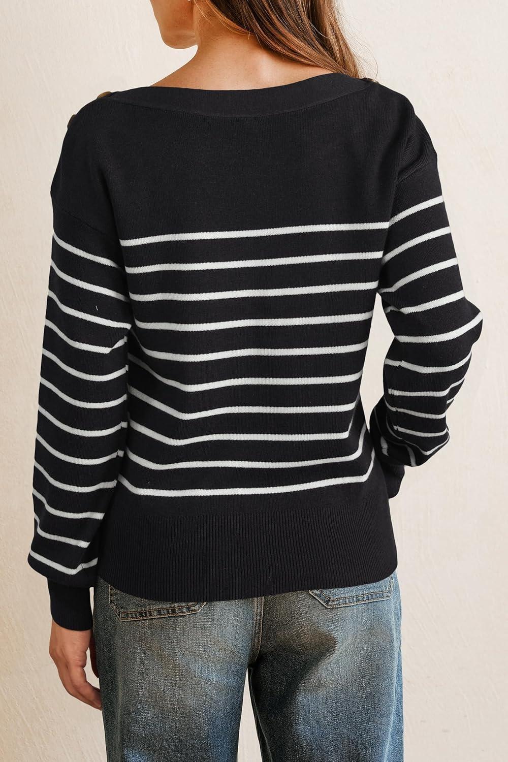imageArachampampCloz Womens Wool Blend Striped Boat Neck Fall Dressy Casual Sweater Tops 2025Black and White