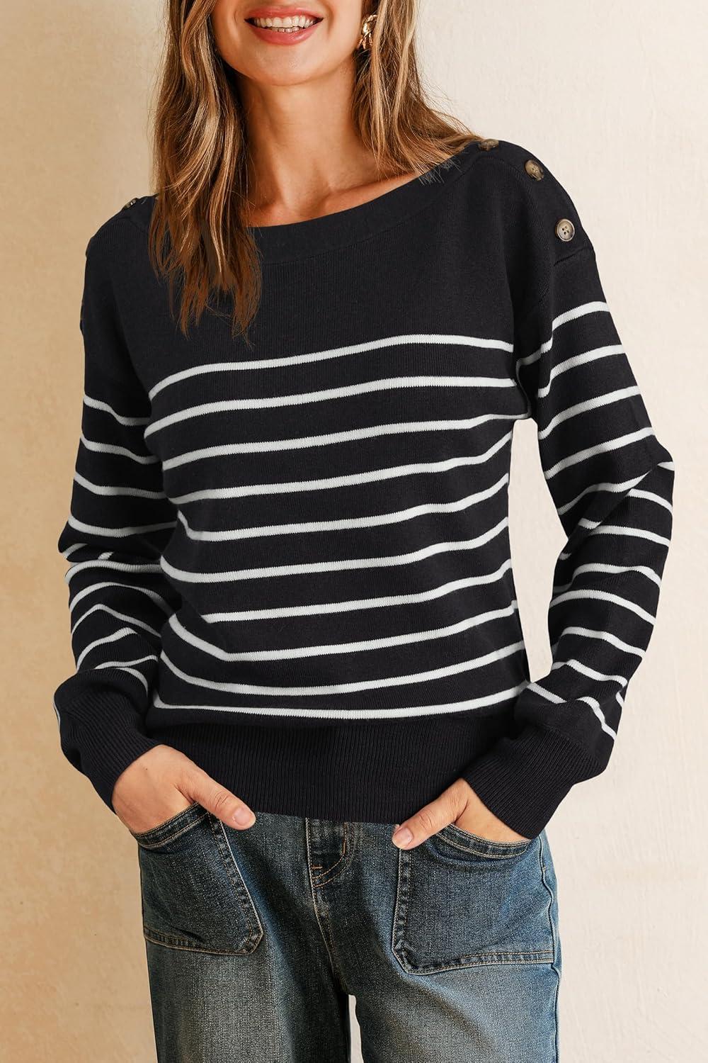imageArachampampCloz Womens Wool Blend Striped Boat Neck Fall Dressy Casual Sweater Tops 2025Black and White