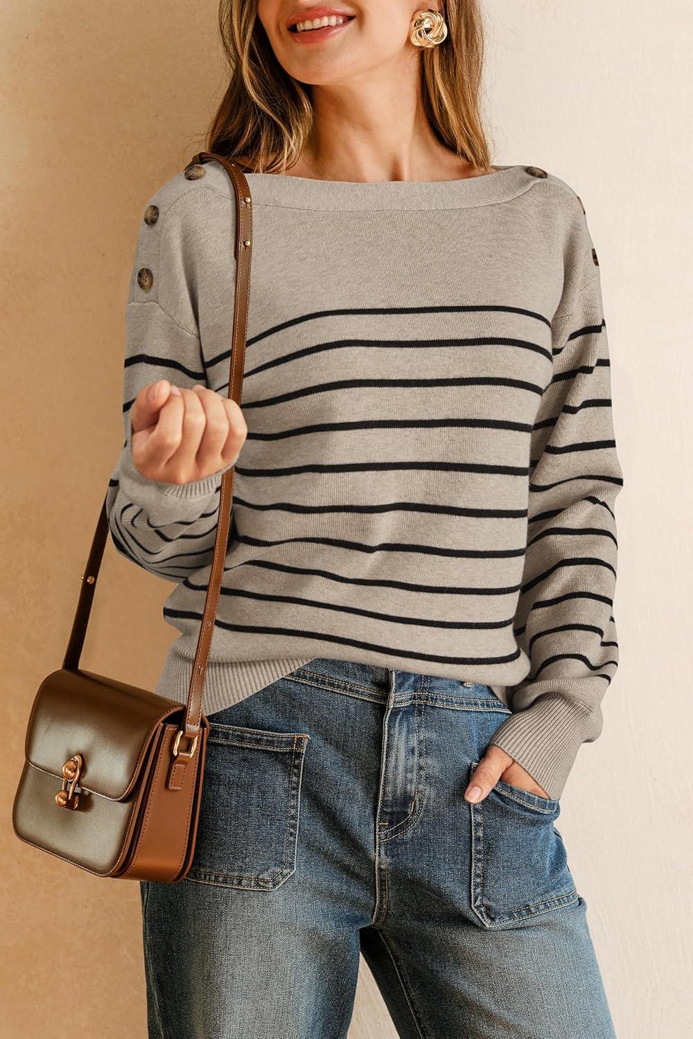 imageArachampampCloz Womens Wool Blend Striped Boat Neck Fall Dressy Casual Sweater Tops 2025Khaki and Black
