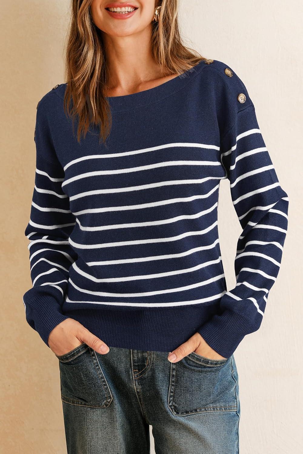 imageArachampampCloz Womens Wool Blend Striped Boat Neck Fall Dressy Casual Sweater Tops 2025Navy Blue and White
