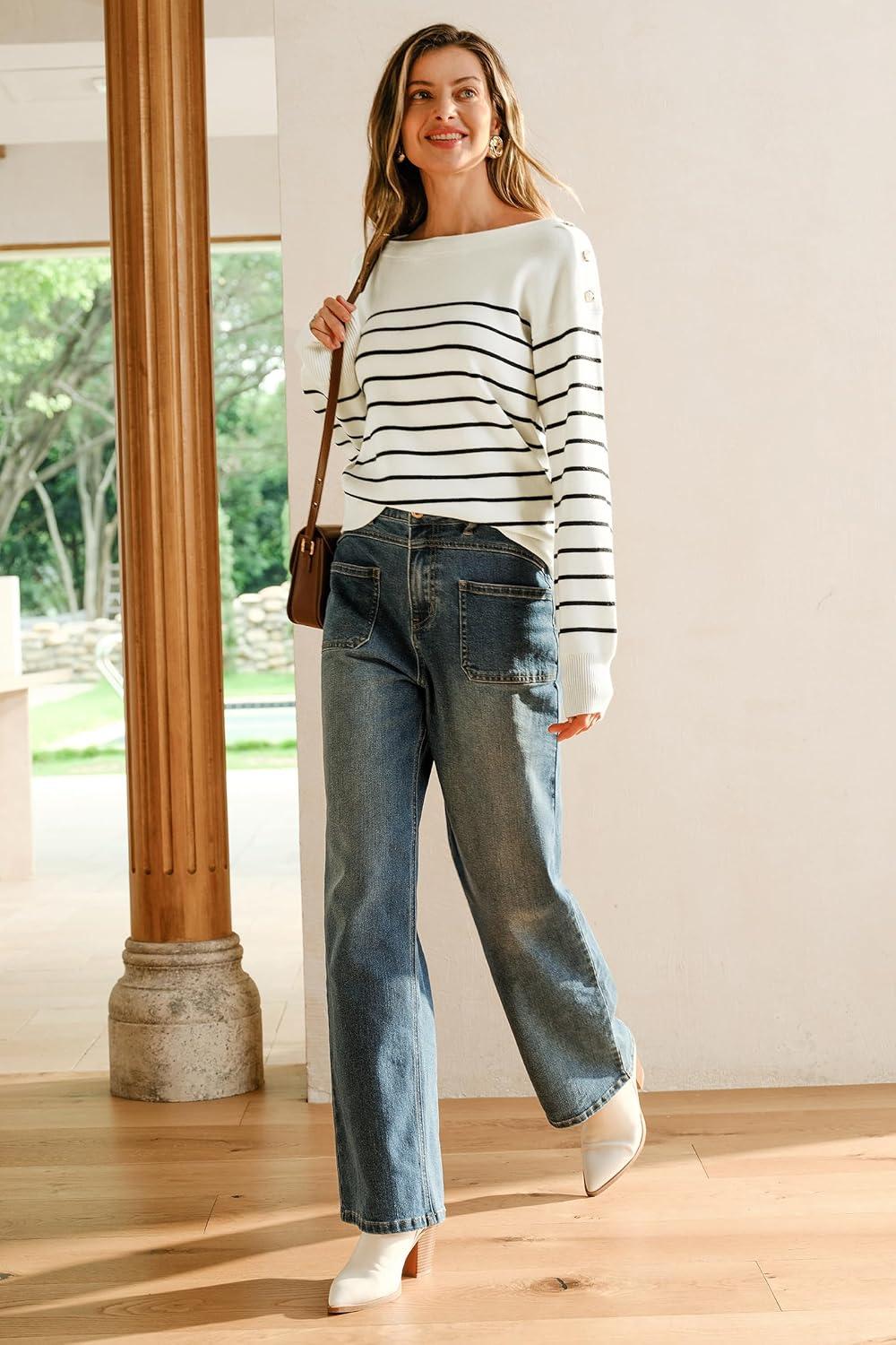 imageArachampampCloz Womens Wool Blend Striped Boat Neck Fall Dressy Casual Sweater Tops 2025Off White and Black