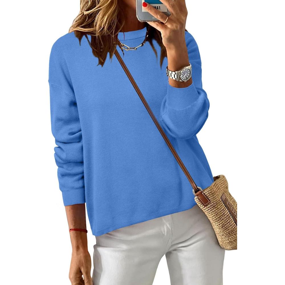 imageArachampampCloz Womens 100 Cotton Sweaters Crew Neck Winter Casual Relaxed Fit Cozy Sweatshirt Tops 2026Blue