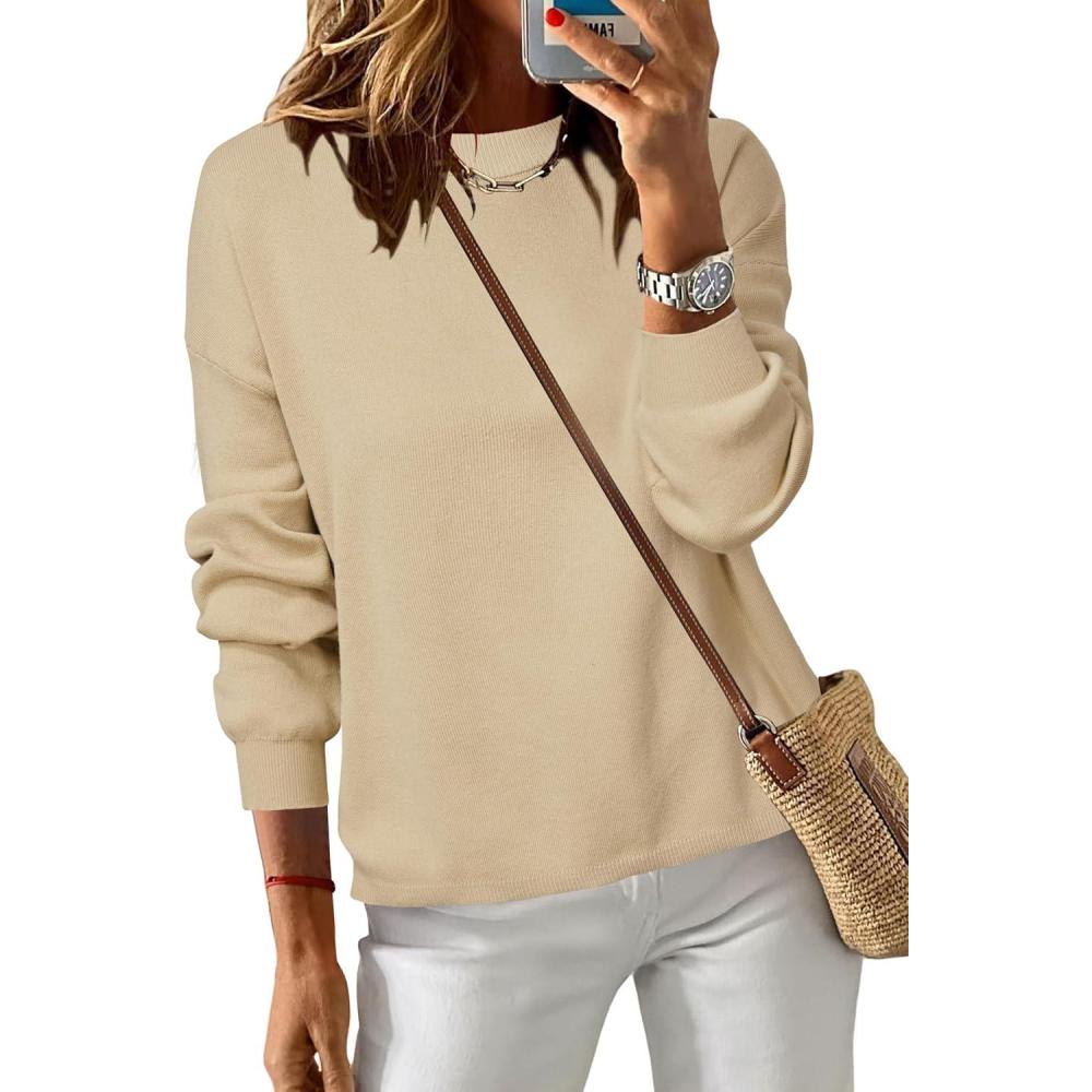 imageArachampampCloz Womens 100 Cotton Sweaters Crew Neck Winter Casual Relaxed Fit Cozy Sweatshirt Tops 2026Khaki