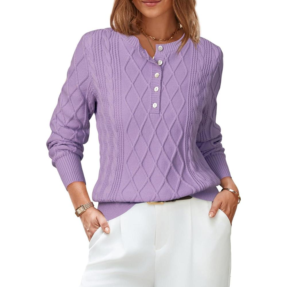 imageArachampampCloz Womens Comfy Cotton Blend Cable Knit Casual Sweaters 2025Light Purple