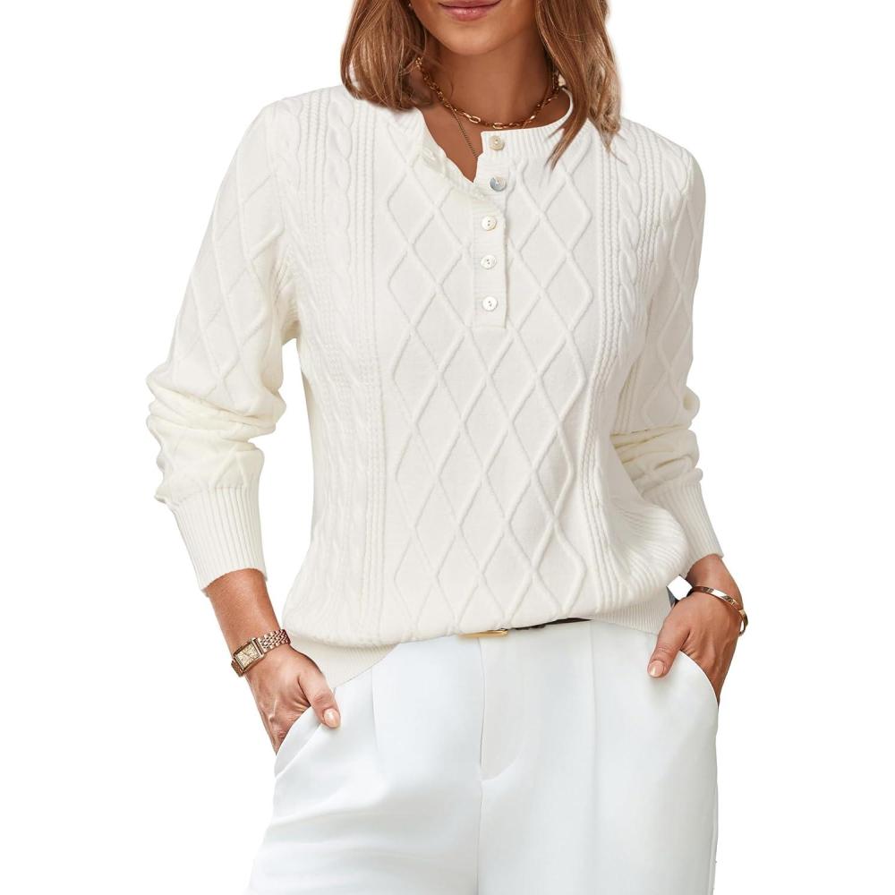 imageArachampampCloz Womens Comfy Cotton Blend Cable Knit Casual Sweaters 2025White