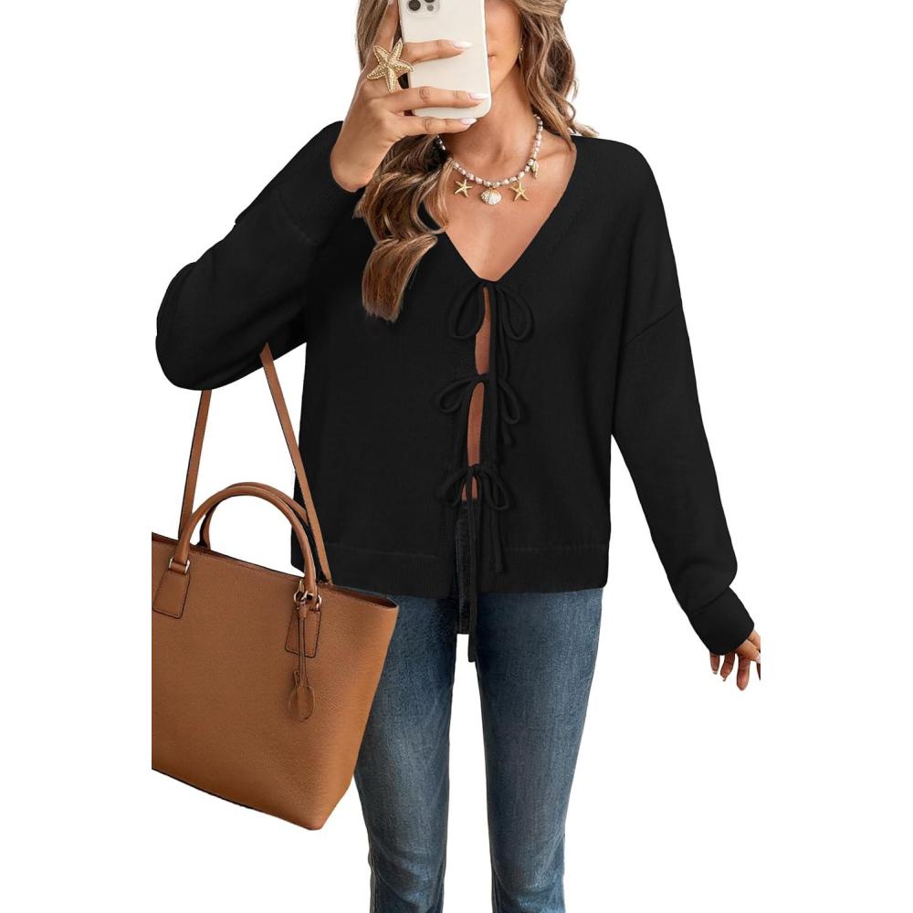 imageArachampampCloz Womens Cozy Cotton Tie Front Fall Trendy Bow Cardigan Sweaters 2025Black