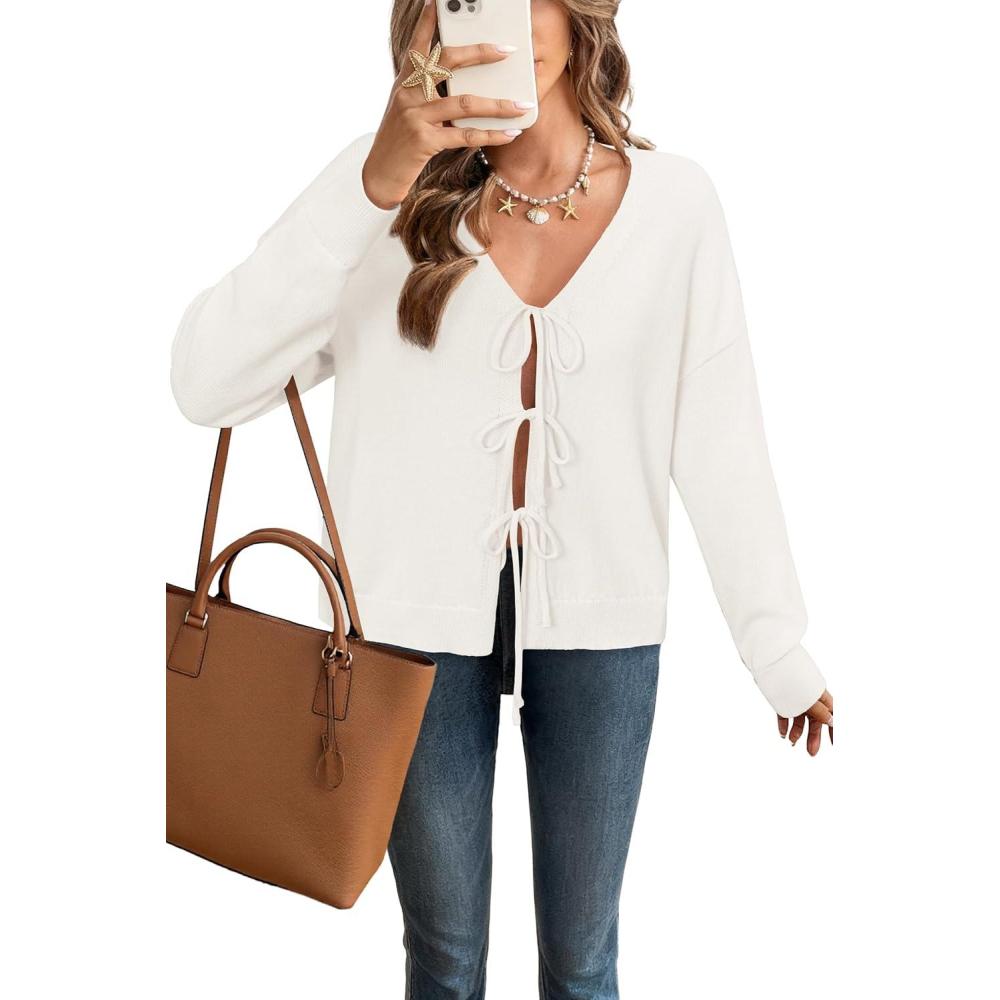 imageArachampampCloz Womens Cozy Cotton Tie Front Fall Trendy Bow Cardigan Sweaters 2025White