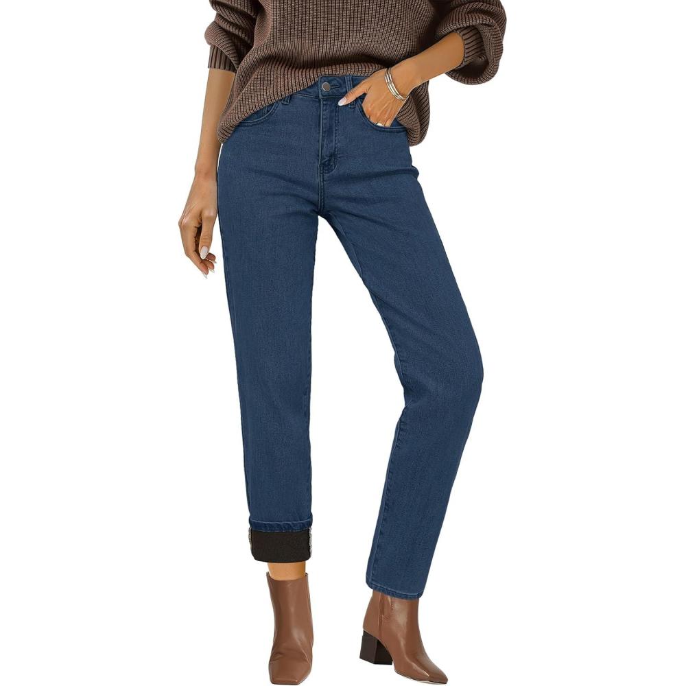 imageArachampampCloz Womens Fleece Lined Jeans with Pockets Fall High Waisted Classic Stretchy Winter Pants 2025 Dark Blue M