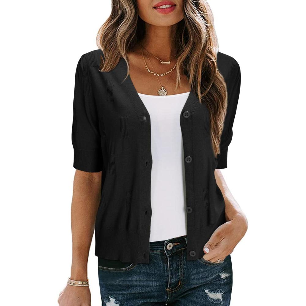 imageArachampampCloz Womens Lightweight Summer Business Casual Cropped Short Sleeve CardiganBlack