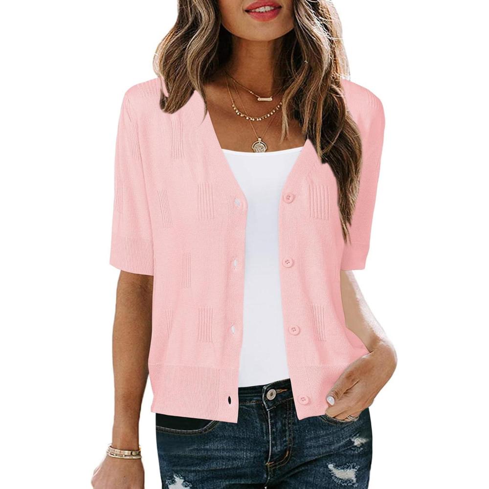 imageArachampampCloz Womens Lightweight Summer Business Casual Cropped Short Sleeve CardiganBlight Pink
