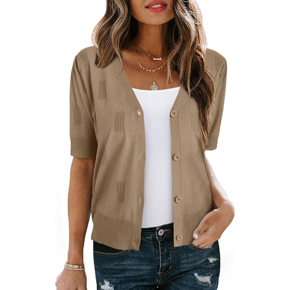 imageArachampampCloz Womens Lightweight Summer Business Casual Cropped Short Sleeve CardiganCamel