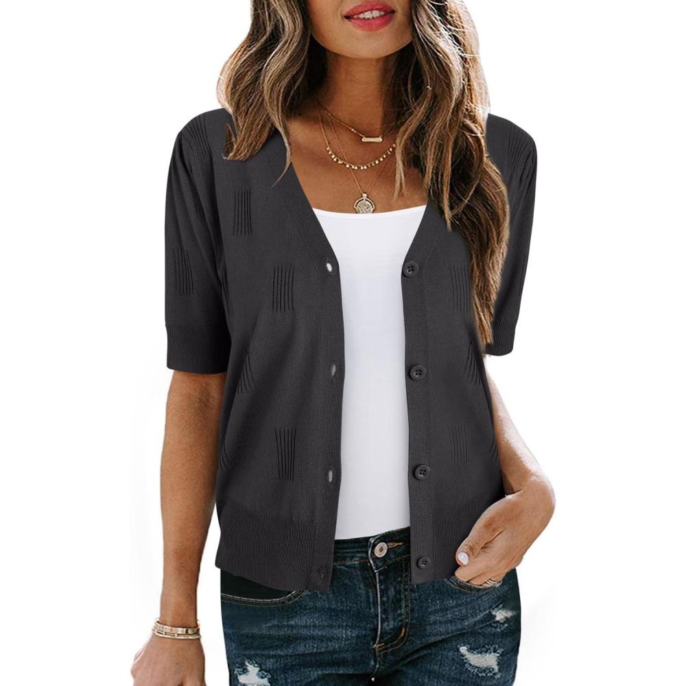 imageArachampampCloz Womens Lightweight Summer Business Casual Cropped Short Sleeve CardiganDark Gray