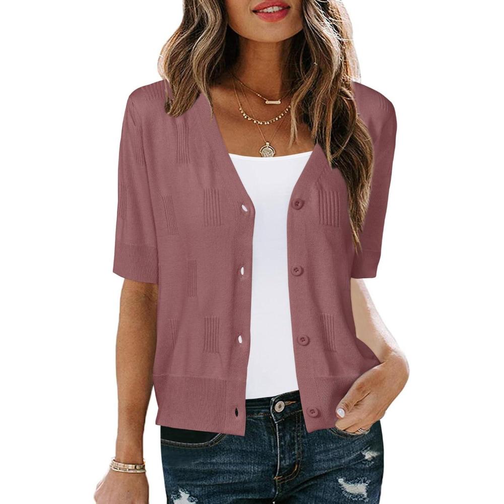 imageArachampampCloz Womens Lightweight Summer Business Casual Cropped Short Sleeve CardiganDusty Red