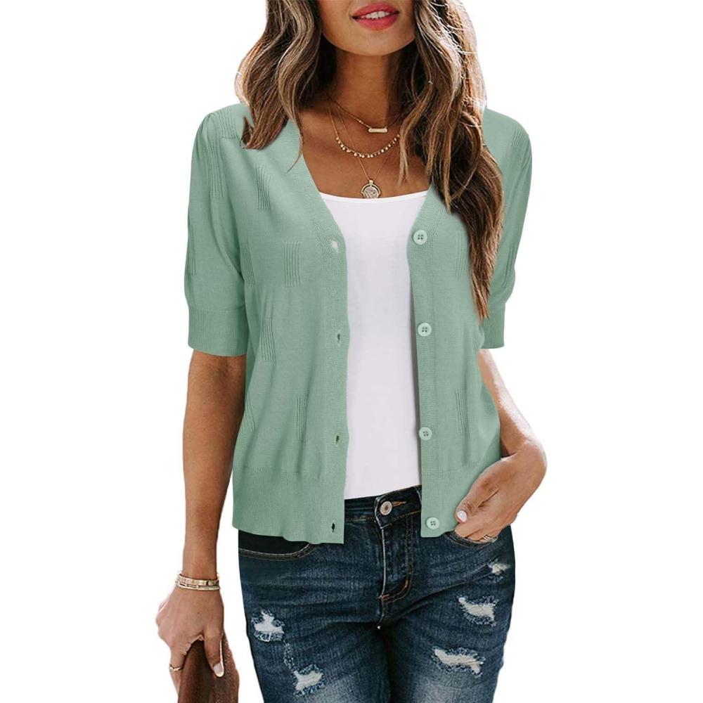 imageArachampampCloz Womens Lightweight Summer Business Casual Cropped Short Sleeve CardiganGreen011