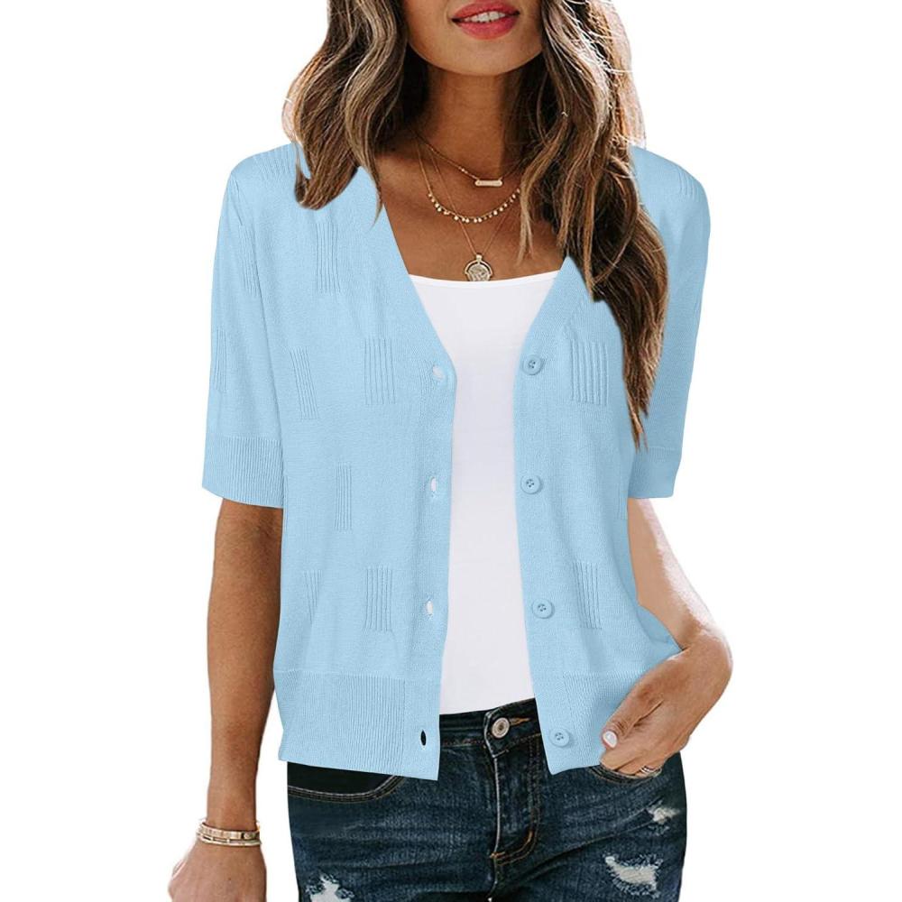 imageArachampampCloz Womens Lightweight Summer Business Casual Cropped Short Sleeve CardiganLight Blue